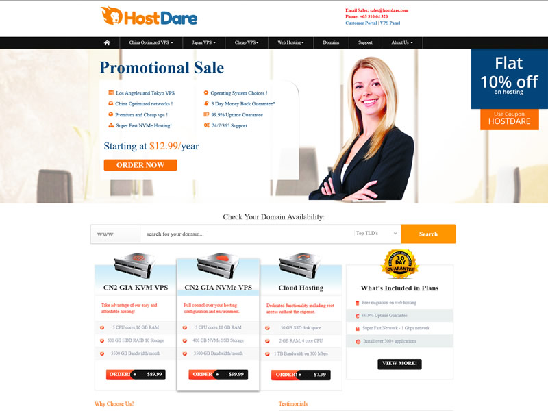 HostDare五折起：$12.99/年-单核/1.5GB/10GB SSD/1TB@200Mbps/洛杉矶机房,可选AMD EPYC系列,可选CN2 GIA+AS9929+CMIN2线路